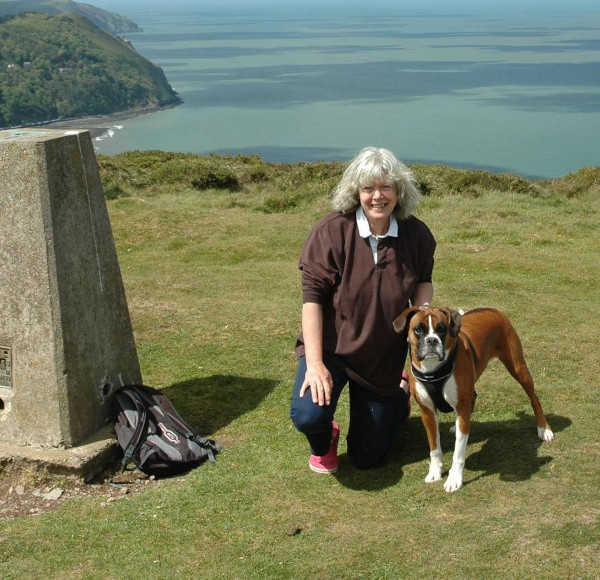 AP Balkham and her last boxer, Asbo - at Barnabarrow, overlooking Lynmouth.  The life I wanted to get back to after hip replacements. 